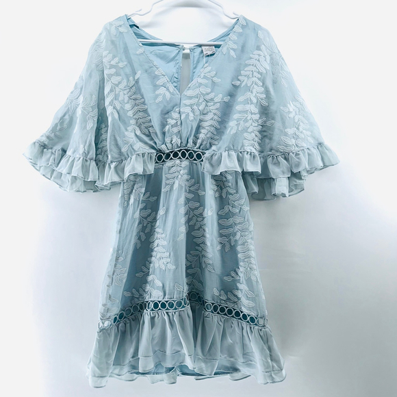 NWT SELFIE LESLIE Caspar Leafy Romantic EMBROIDERED DRESS Mod BABY BLUE WOMENS S - Picture 2 of 11